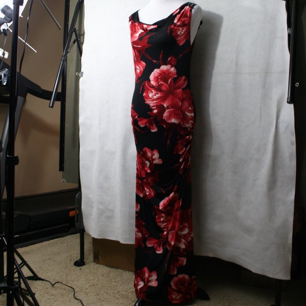 VENUS Red/White/Black Maxi Dress W/Floral Pattern &Lace Shoulder Strap SZ M NWOT